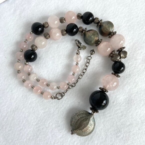 Sterling Silver 925 Rose Quartz Black Onyx Beaded Y Necklace 18.5" 81g Stone - Picture 4 of 16